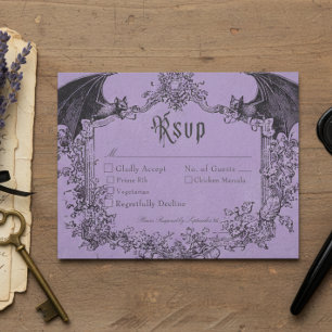 Cartão RSVP Casamento Roxo Preto Toile Gótico Vintage