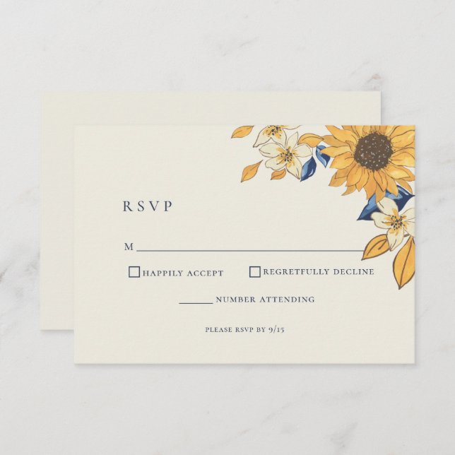 Cartão RSVP Casamento Russo Azul-Girassol Amarelo (Frente/Verso)