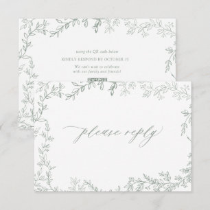 Cartão RSVP Casamento Russo com Folha Verde Sage Código QR