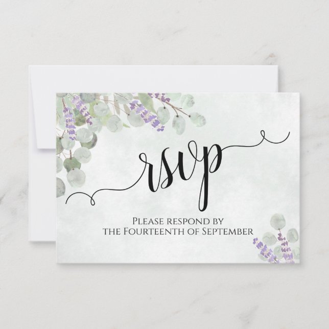 Cartão RSVP Casamento Russo de Aquarela Eucalyptus e Lavanda (Frente)