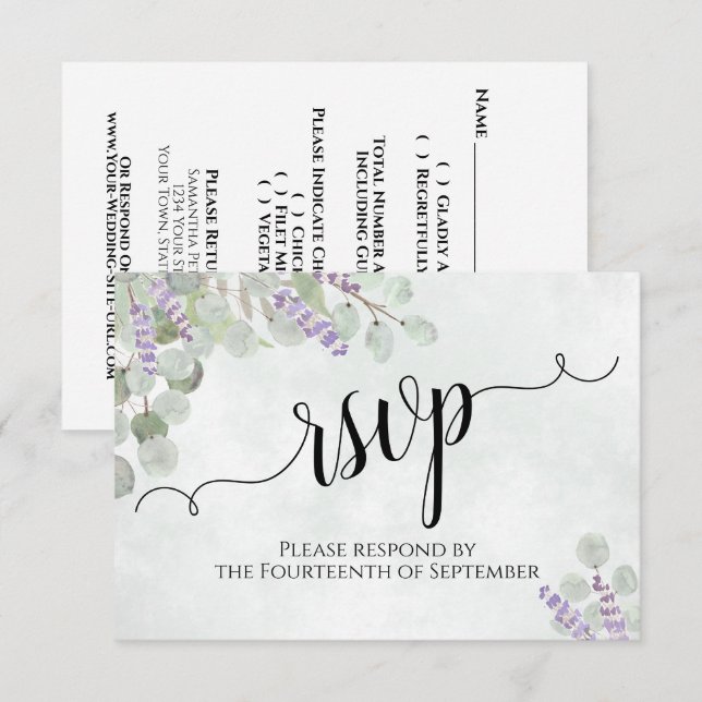 Cartão RSVP Casamento Russo de Aquarela Eucalyptus e Lavanda (Frente/Verso)