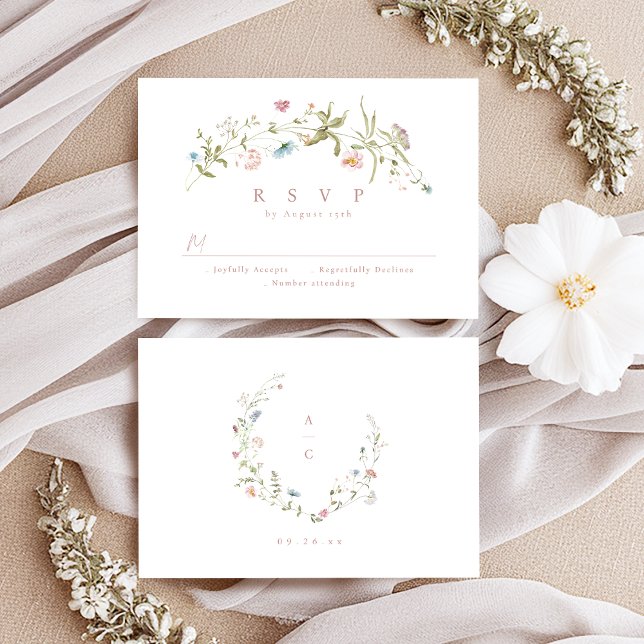 Cartão RSVP Casamento Russo de Boca Rosa Elegante (Elegant Dusty Pink Wildflower Rustic Boho Wedding RSVP Card)