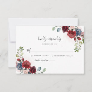 Cartão RSVP Casamento Russo Moderno Floral Burgundy
