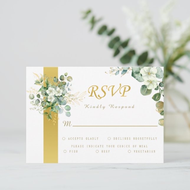Cartão RSVP Casamento Russo Verde Dourado Eucalyptus Wreath Sa (Em pé/Frente)