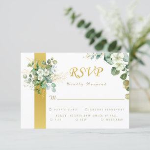Cartão RSVP Casamento Russo Verde Dourado Eucalyptus Wreath Sa