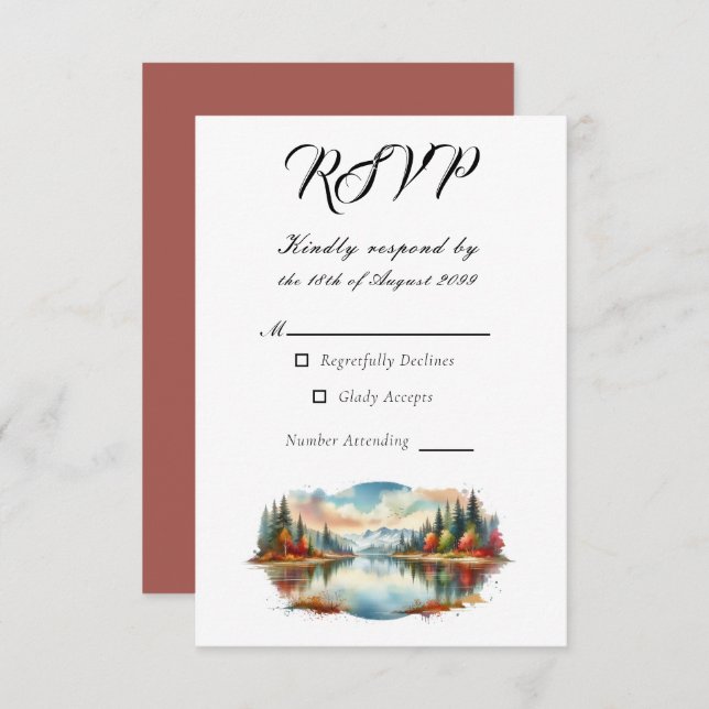 Cartão RSVP Casamento Rustic Autumn Lakeside Forest (Frente/Verso)