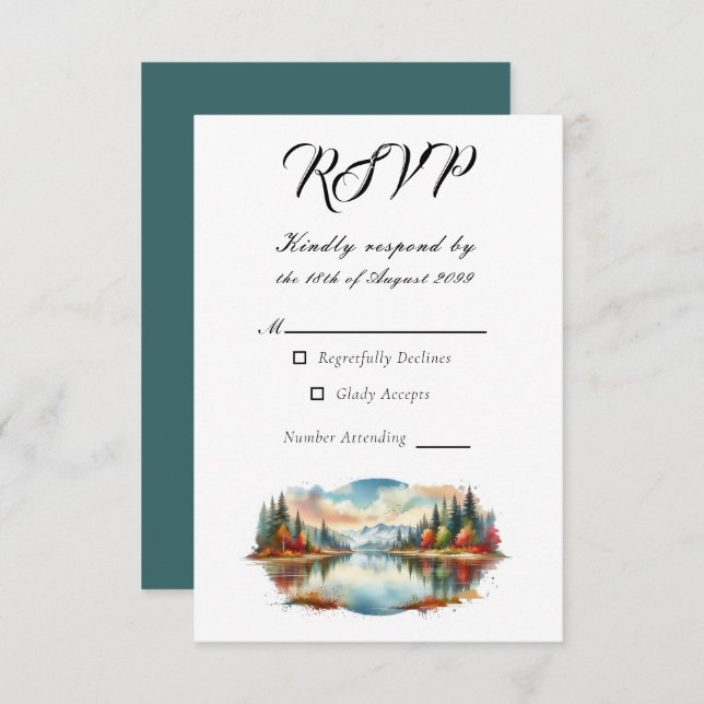 Cartão RSVP Casamento Rustic Autumn Lakeside Forest (Frente/Verso)