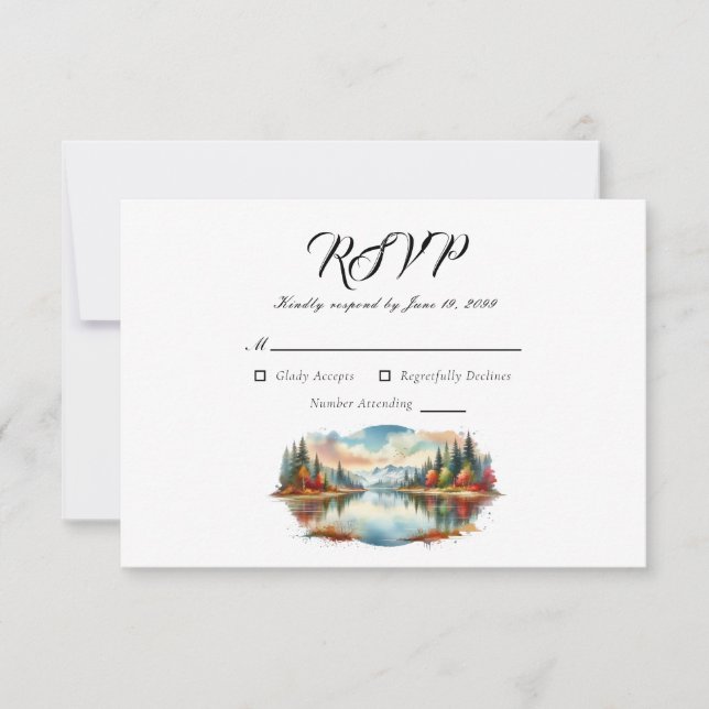 Cartão RSVP Casamento Rustic Autumn Lakeside Forest (Frente)