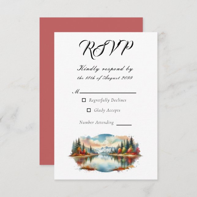Cartão RSVP Casamento Rustic Autumn Lakeside Forest (Frente/Verso)