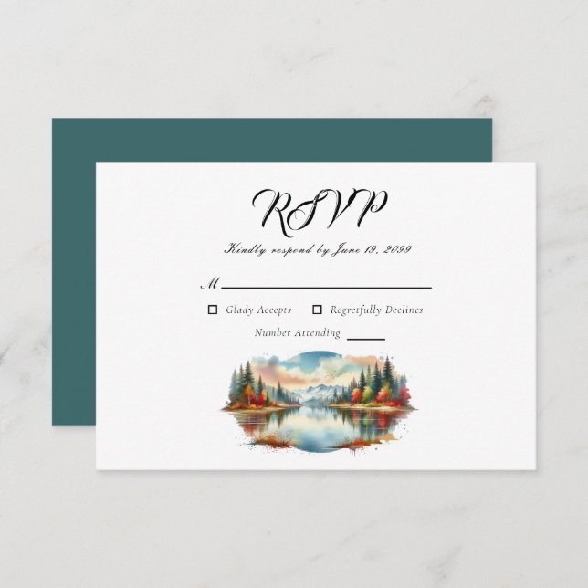 Cartão RSVP Casamento Rustic Autumn Lakeside Forest (Frente/Verso)