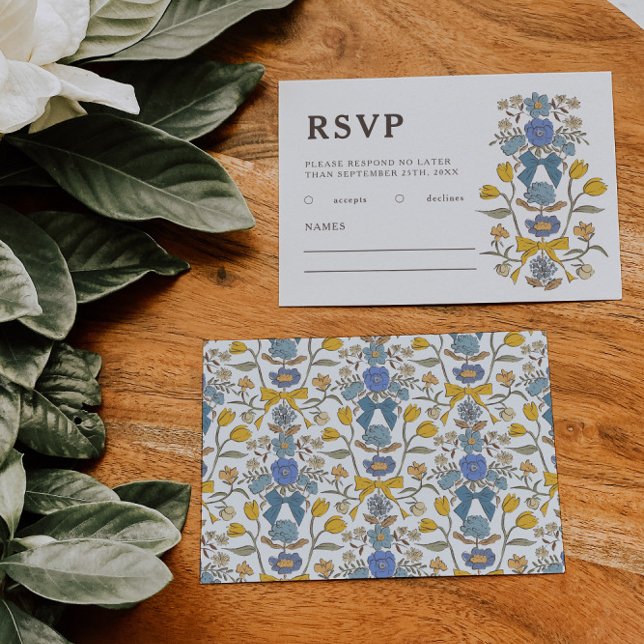 Cartão RSVP Casamento Rustic Blue Yellow e Flowers (Criador carregado)
