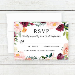 Cartão RSVP Casamento Rustic Blush Burgundy Floral Wreath