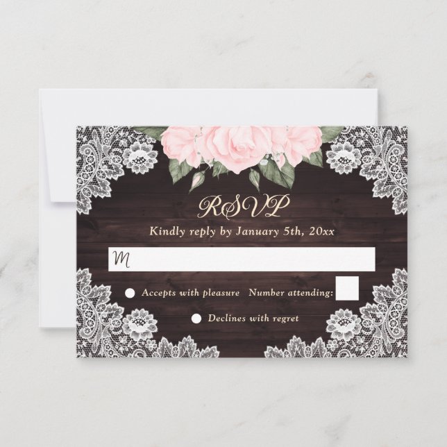 Cartão RSVP Casamento Rustic Blush Floral Lace De Madeira Rosa (Frente)