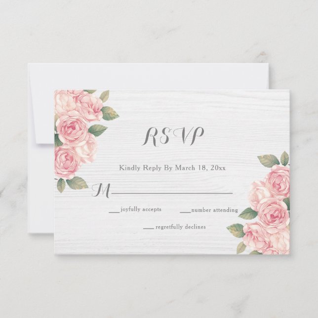 Cartão RSVP Casamento Rustic Blush Rosa White Wood (Frente)