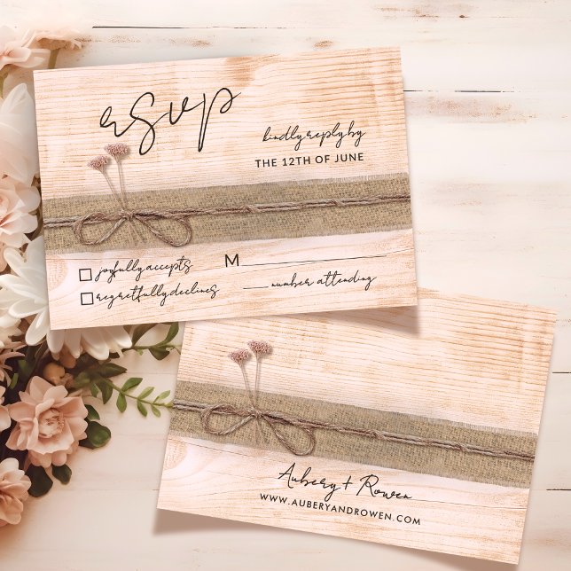 Cartão RSVP Casamento Rustic Boho Floral Blush Wood Wildflower (Criador carregado)