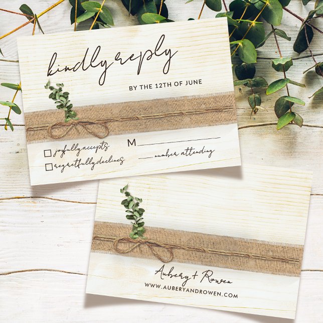 Cartão RSVP Casamento Rustic Boho Floral Eco Wood Eucalyptus (Criador carregado)