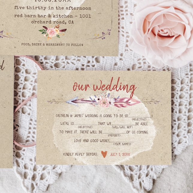 Cartão RSVP Casamento Rustic Boho Floral Kraft (Criador carregado)
