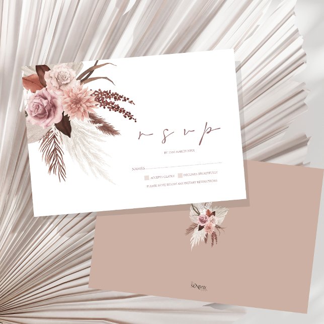 Cartão RSVP Casamento Rustic Boho Pampas Grass Terracotta (Boho Dusty Pink Dried Flowers Pampas Grass Wedding RSVP Card)