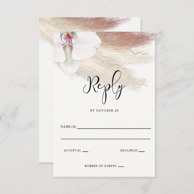 Cartão RSVP Casamento Rustic Boho Pampas Grass White Orchid (Frente/Verso)