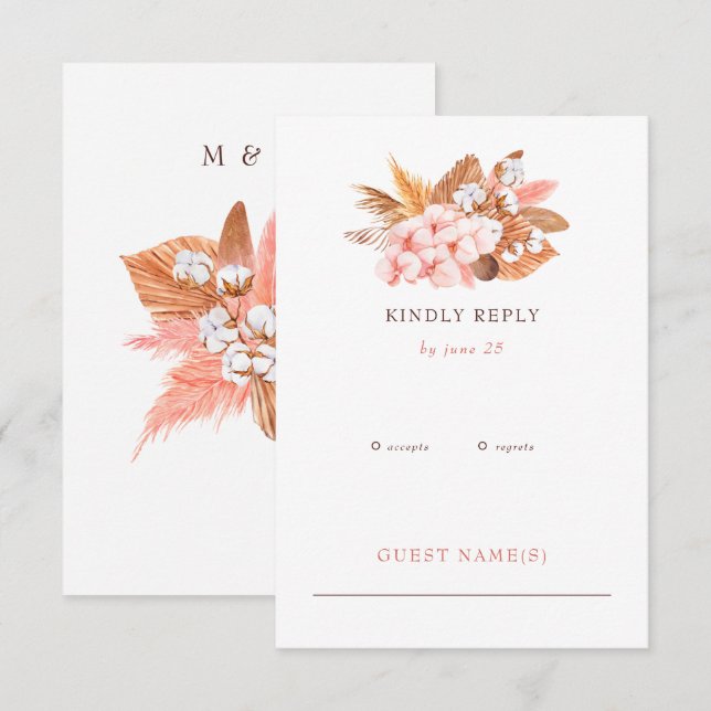 Cartão RSVP Casamento Rustic Boho Pampas Orchids Cotton Blush (Frente/Verso)