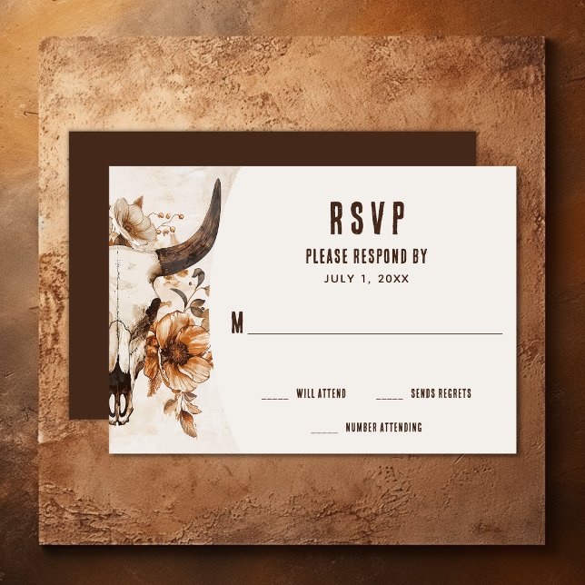 Cartão RSVP Casamento Rustic Bull Cow Skull Floral Boho Wester (Rustic Bull Cow Skull and Flowers Boho Western RSVP Card)