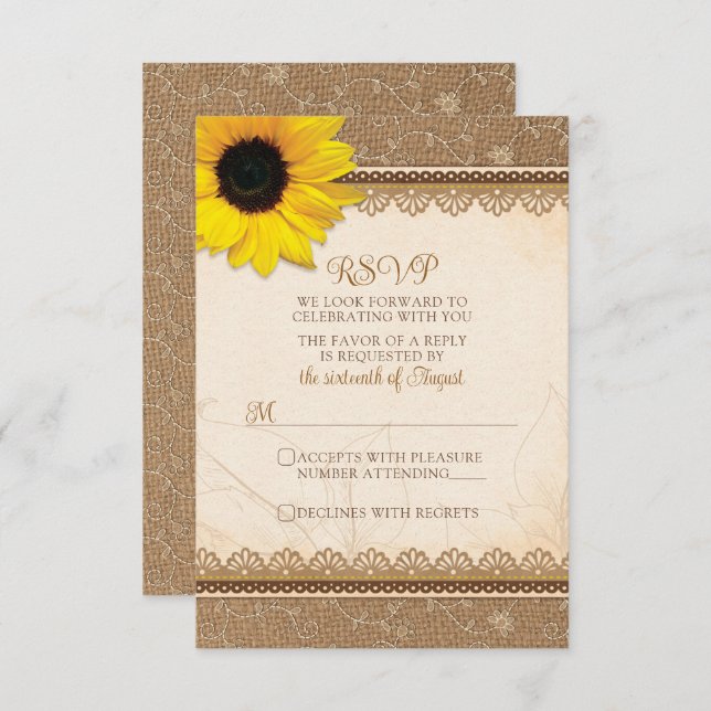 Cartão RSVP Casamento Rustic Burlap Lace Sunflower (Frente/Verso)