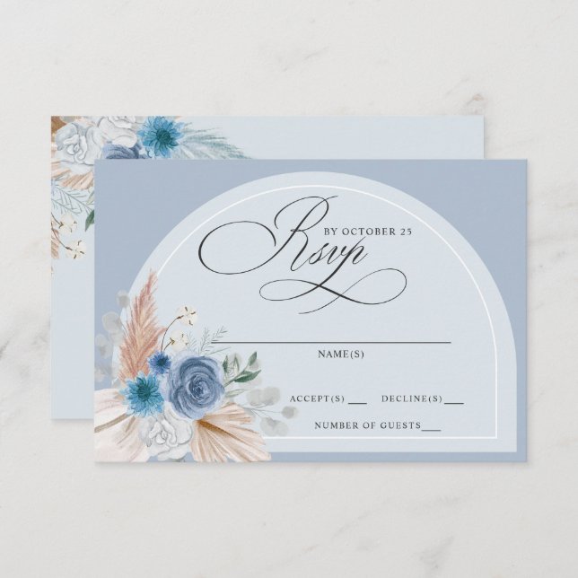 Cartão RSVP Casamento Rustic Calliografia Boho Dusty Blue Pamp (Frente/Verso)