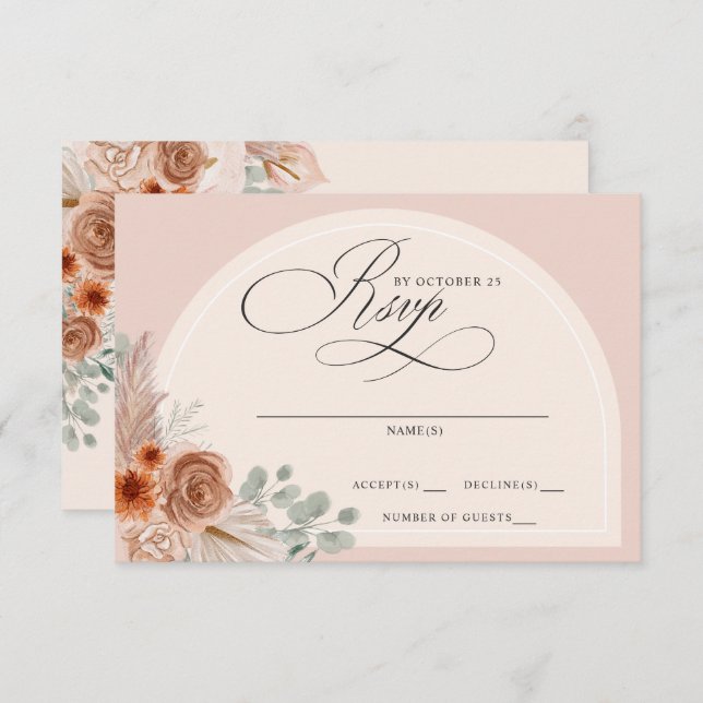 Cartão RSVP Casamento Rustic Calliografia Boho Terracotta Pamp (Frente/Verso)