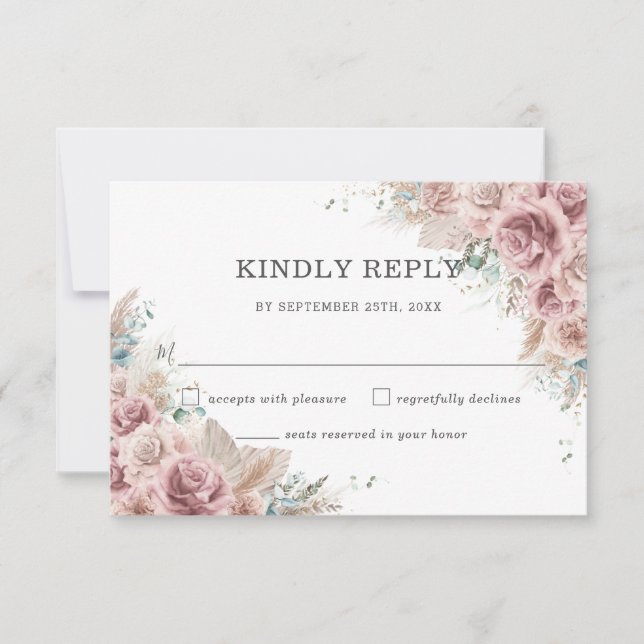 Cartão RSVP Casamento Rustic Chic Blush Dusty Rosa Floral Pamp (Frente)
