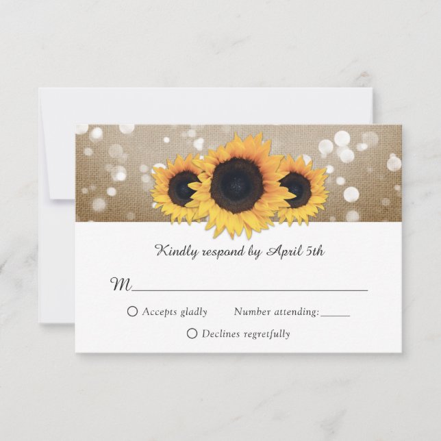 Cartão RSVP Casamento Rustic Chic Burlap e Lace Sunflower (Frente)