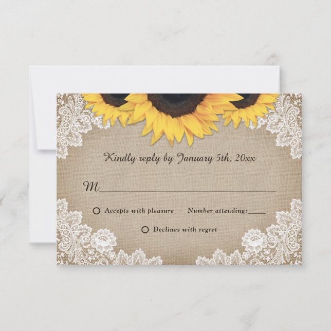 Cartão RSVP Casamento Rustic Chic Wood Lace Sunflower (Frente)