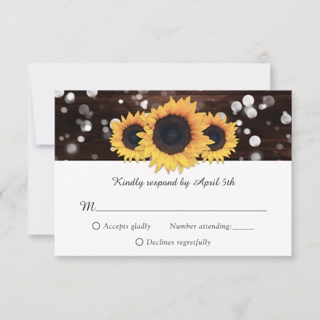 Cartão RSVP Casamento Rustic Chic Wood Lace Sunflower (Frente)