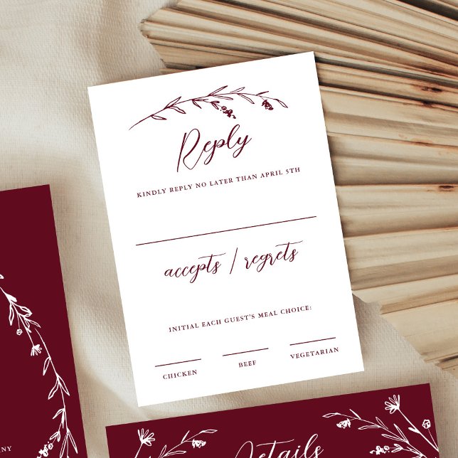 Cartão RSVP Casamento Rustic Elegant Burgundy Wildflower (Criador carregado)