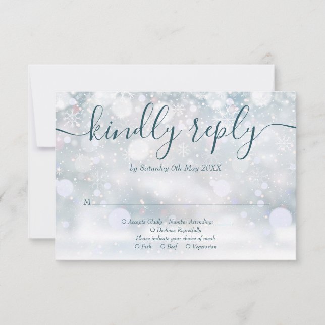 Cartão RSVP Casamento Rustic Floral Winter Snowflakes (Frente)
