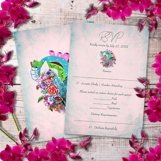 Cartão RSVP Casamento Rustic Flowers Heart Mexicano (Criador carregado)