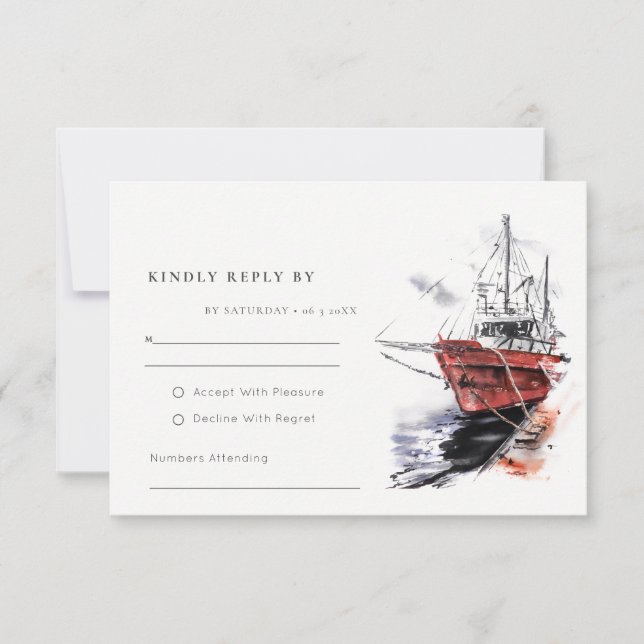 Cartão RSVP Casamento Rustic Harbor Yacht Sailboat Watercolor (Frente)