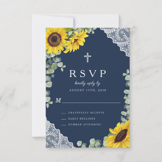 Cartão RSVP Casamento Rustic Marinho Blue Floral Sunflower (Frente)