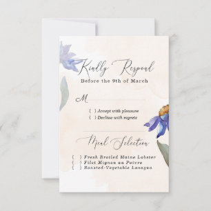 Cartão RSVP Casamento Rustic Peach Watercolor Púrpura Daisy