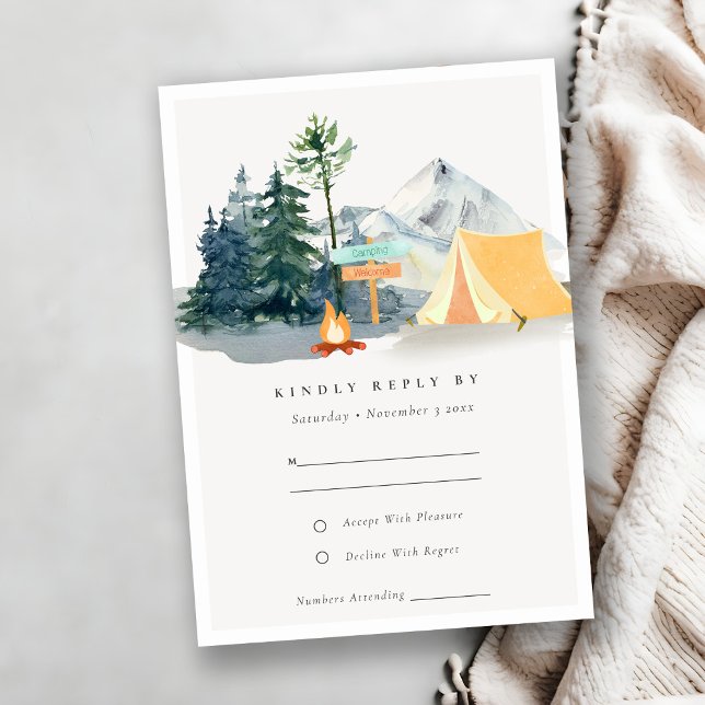 Cartão RSVP Casamento Rustic Pine Woods Camping Mountain (Criador carregado)