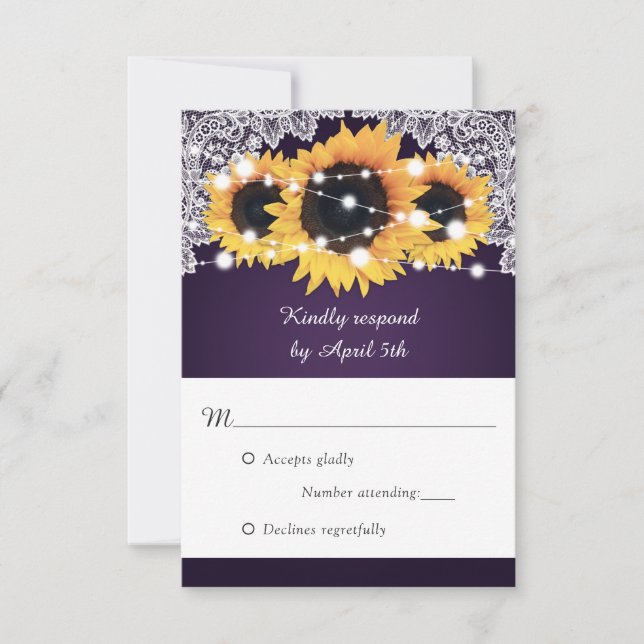 Cartão RSVP Casamento Rustic Purple Sunflower (Frente)