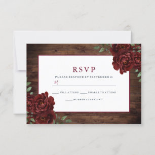 Cartão RSVP Casamento Rustic Romantic Burgundy Rosa