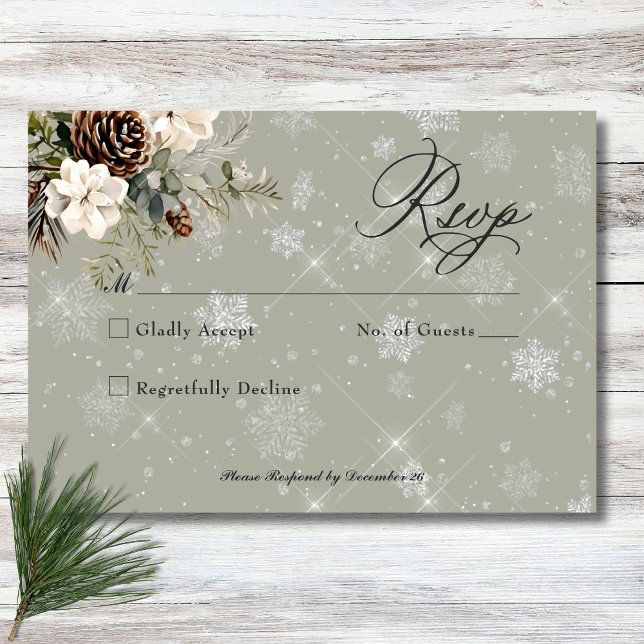 Cartão RSVP Casamento Rustic Snowfall Pine & White Floral Sage (Rustic Snowfall Pine & White Floral Sage Wedding RSVP Card)