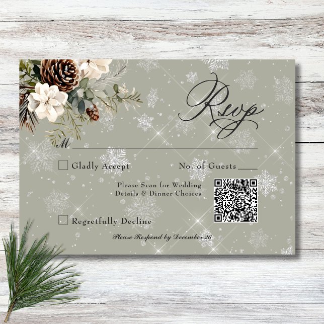 Cartão RSVP Casamento Rustic Snowfall Pine & White Floral Sage (Rustic Snowfall Pine & White Floral Sage Wedding RSVP Card)