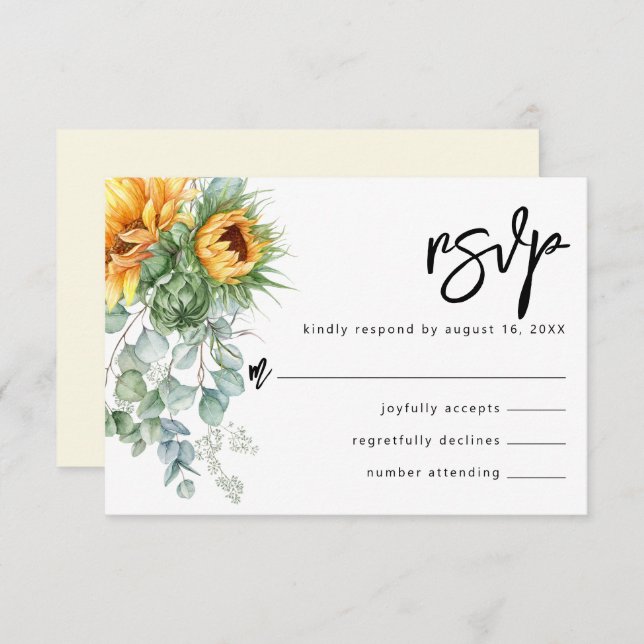 Cartão RSVP Casamento Rustic Sunflower Eucalyptus Greenery (Frente/Verso)