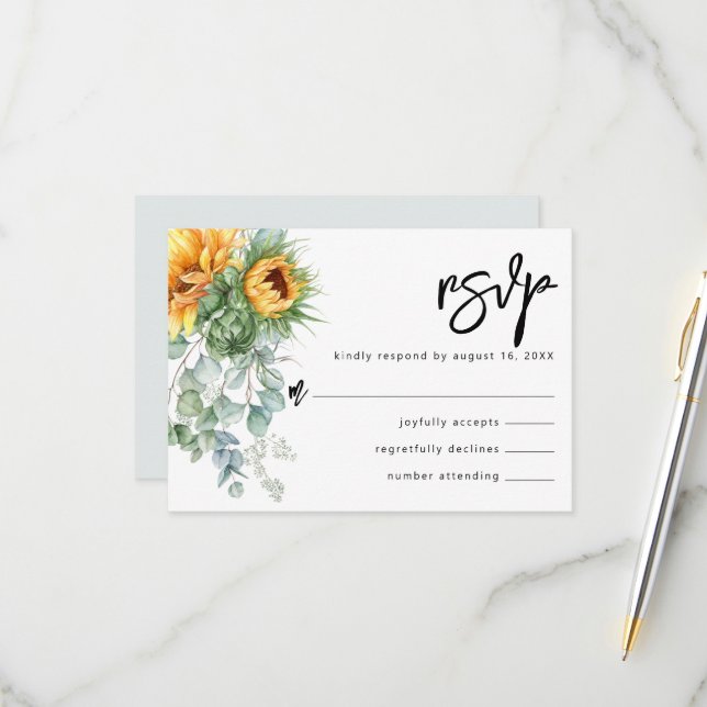 Cartão RSVP Casamento Rustic Sunflower Eucalyptus Greenery (Frente/Verso In Situ)