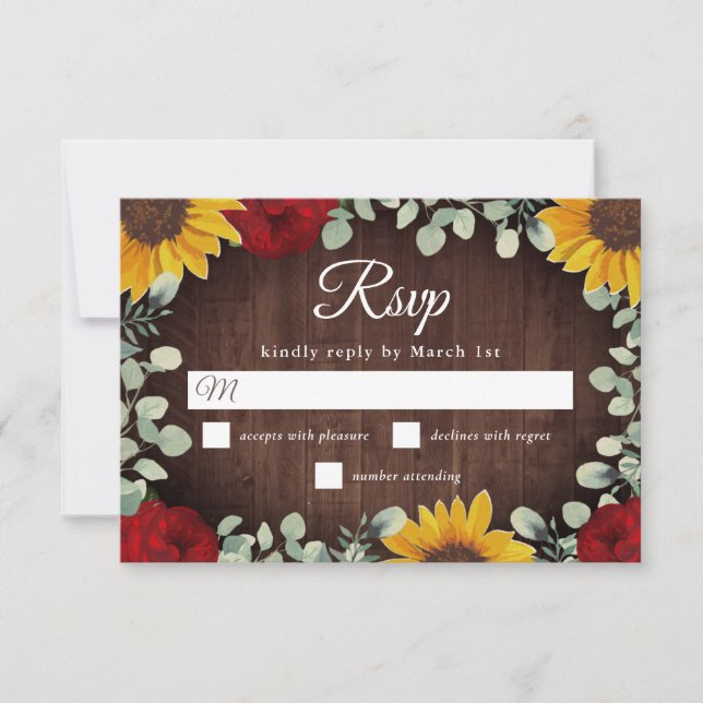Cartão RSVP Casamento Rustic Sunflower Eucalyptus Rosa vermelh (Frente)