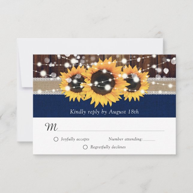 Cartão RSVP Casamento Rustic Sunflower Marinho Blue Burlap (Frente)
