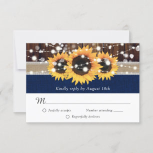 Cartão RSVP Casamento Rustic Sunflower Marinho Blue Burlap