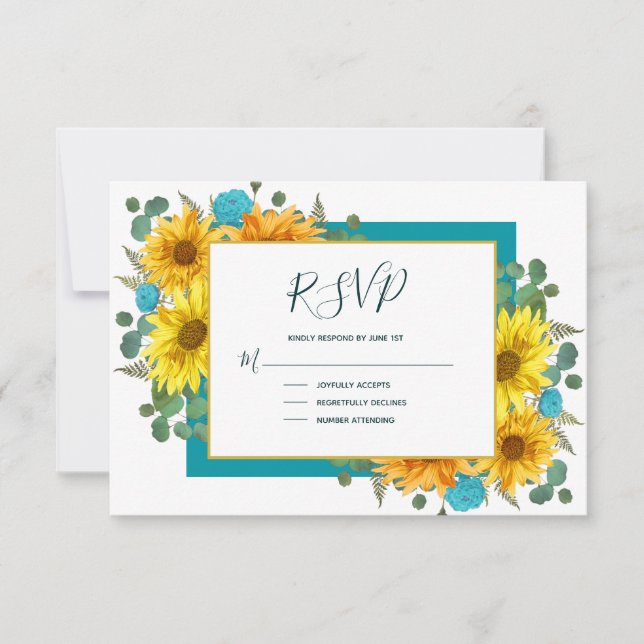 Cartão RSVP Casamento Rustic Sunflower Teal Blue Rosa Country (Frente)