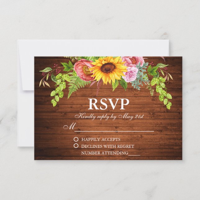 Cartão RSVP Casamento Rustic Sunflower Wood (Frente)